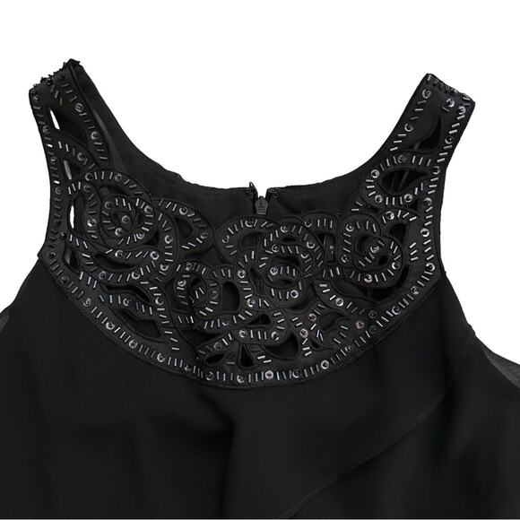 SLNY Dress Black Chiffon Beaded Neck Sleeveless Tiered Ruffle Cocktail 10 NEW - Picture 9 of 12